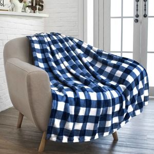 Buffalo Check Plaid Plush Fleece Blanket Throw  Navy White
